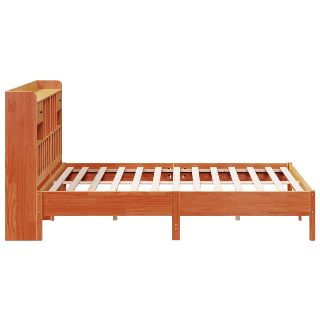 Lit en bois massif avec étagère sans matelas, couleur marron ciré, 200x200 cm