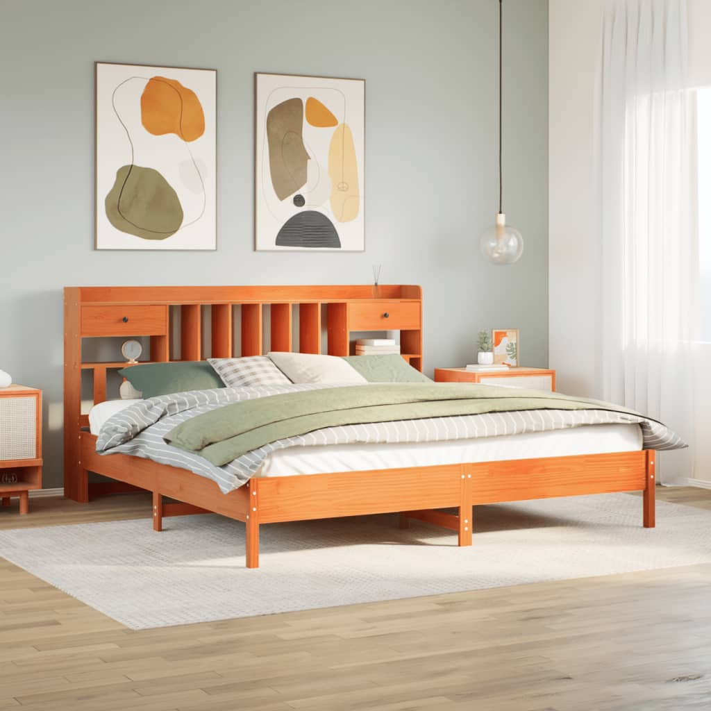 Lit en bois massif avec étagère sans matelas, couleur marron ciré, 200x200 cm
