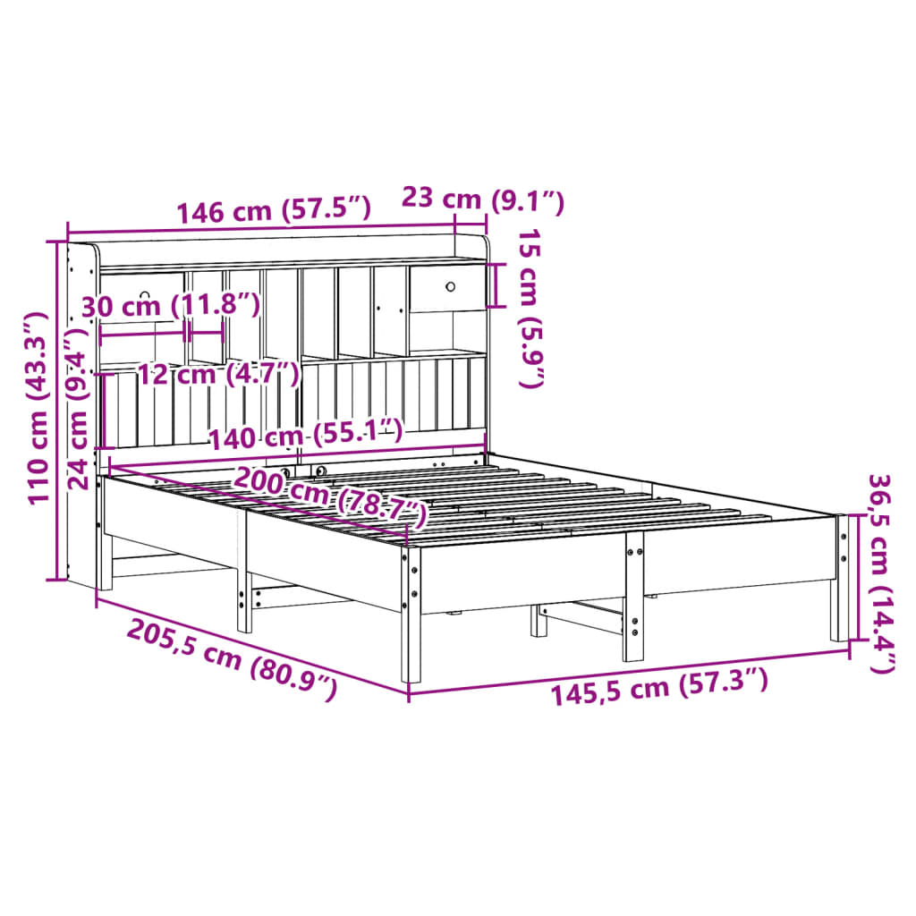 Lit en bois massif avec étagère sans matelas blanc 140x200 cm pin