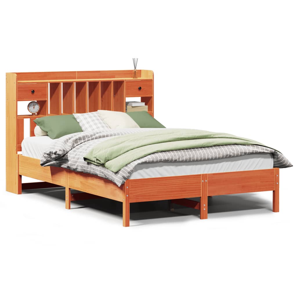 Solid wood bed with shelf without mattress, wax brown, 140x200 cm