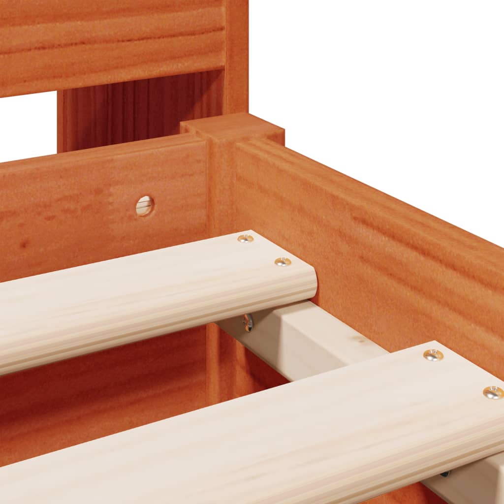 Solid wood bed with shelf without mattress, wax brown, 140x200 cm