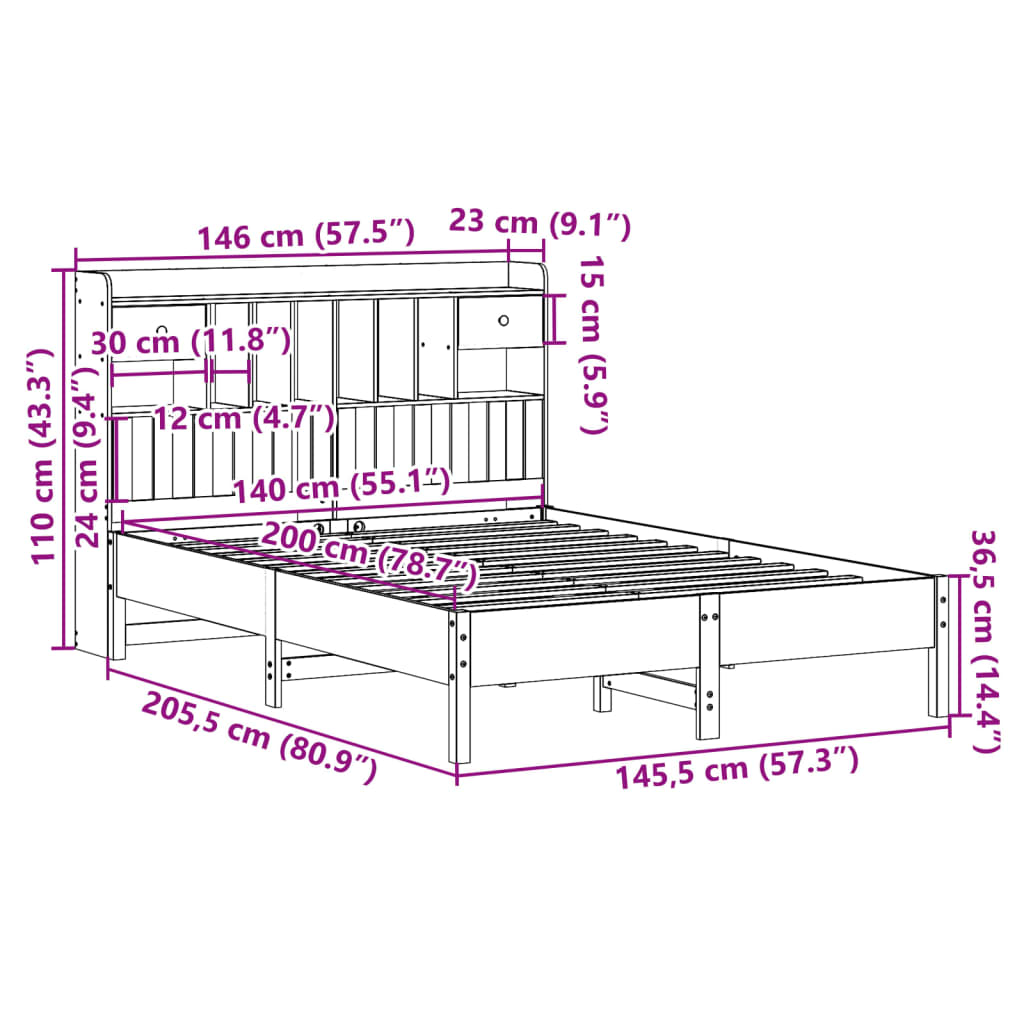 Solid wood bed with shelf without mattress, wax brown, 140x200 cm