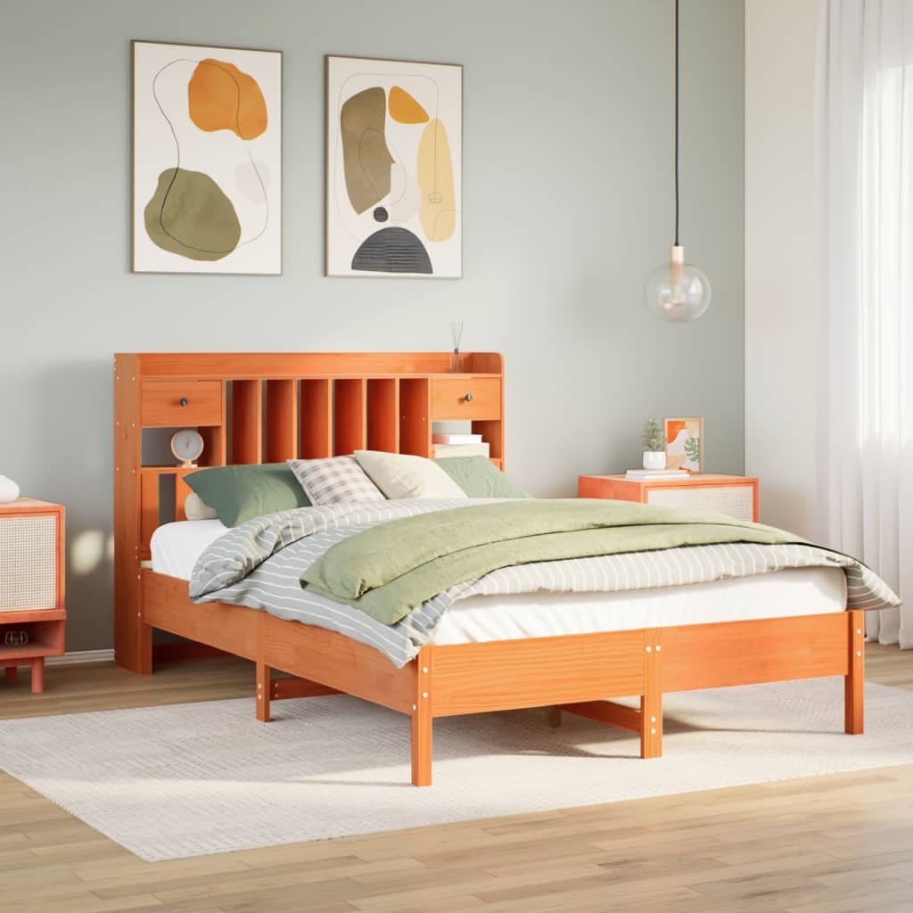 Solid wood bed with shelf without mattress, wax brown, 140x200 cm
