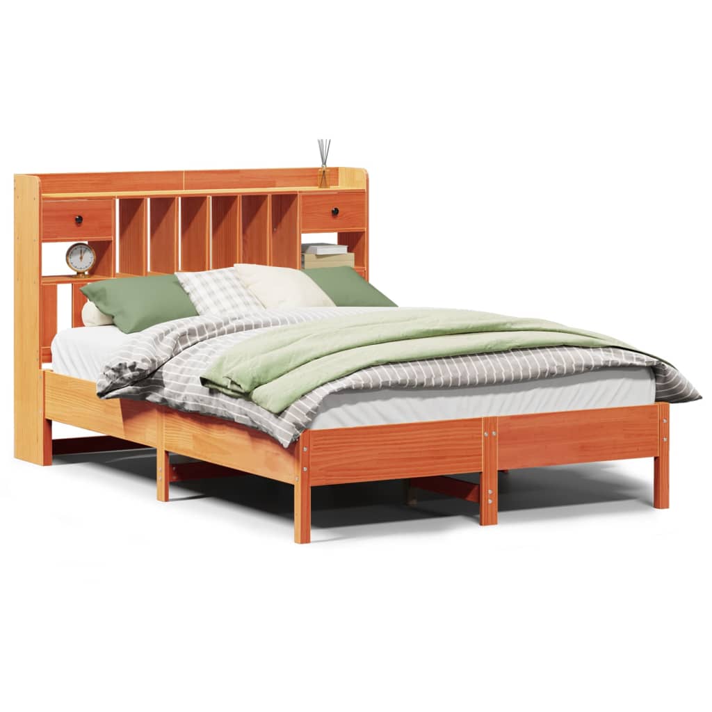Solid wood bed with shelf without mattress, wax brown, 140x190 cm
