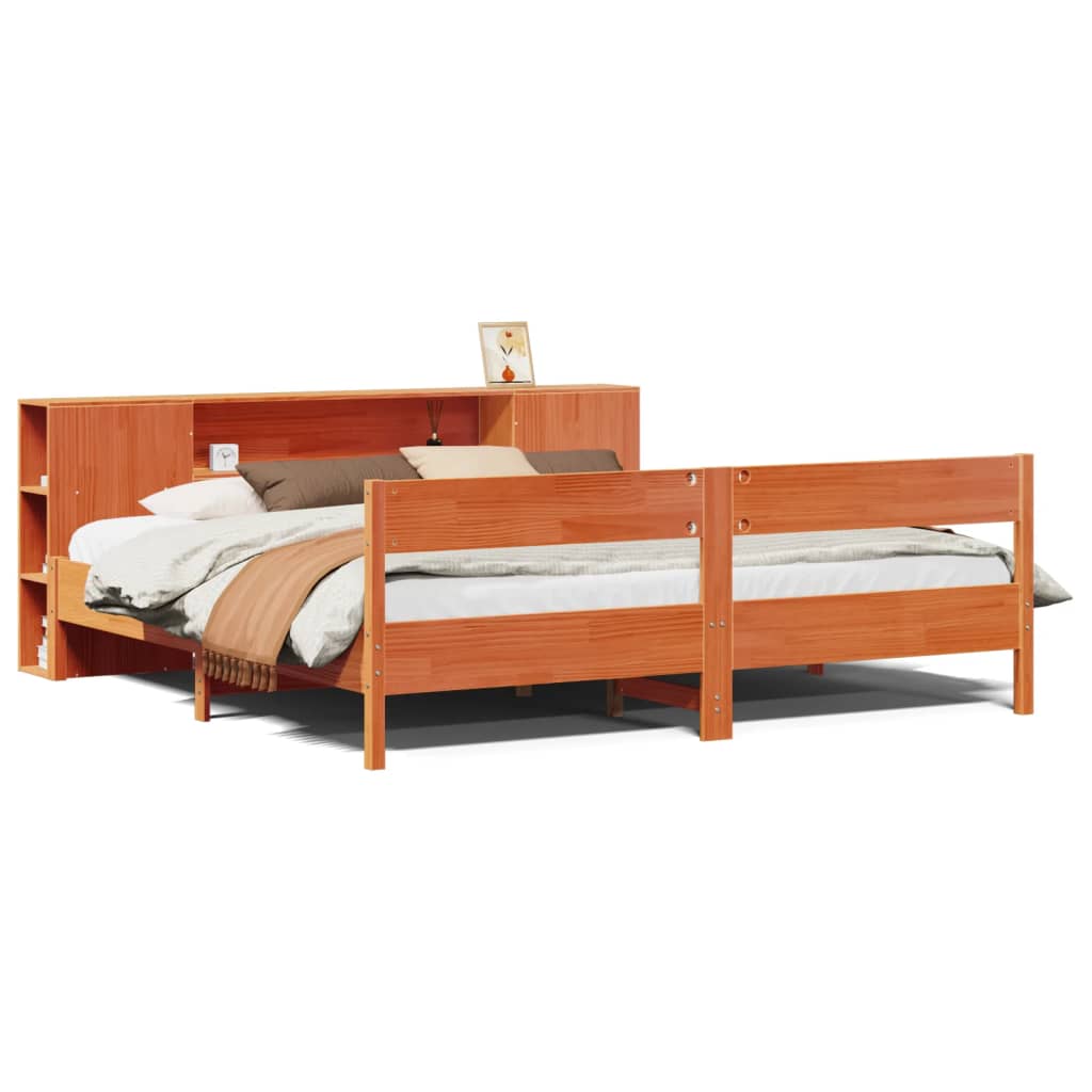 Lit en bois massif avec étagère sans matelas, couleur marron ciré, 200x200 cm