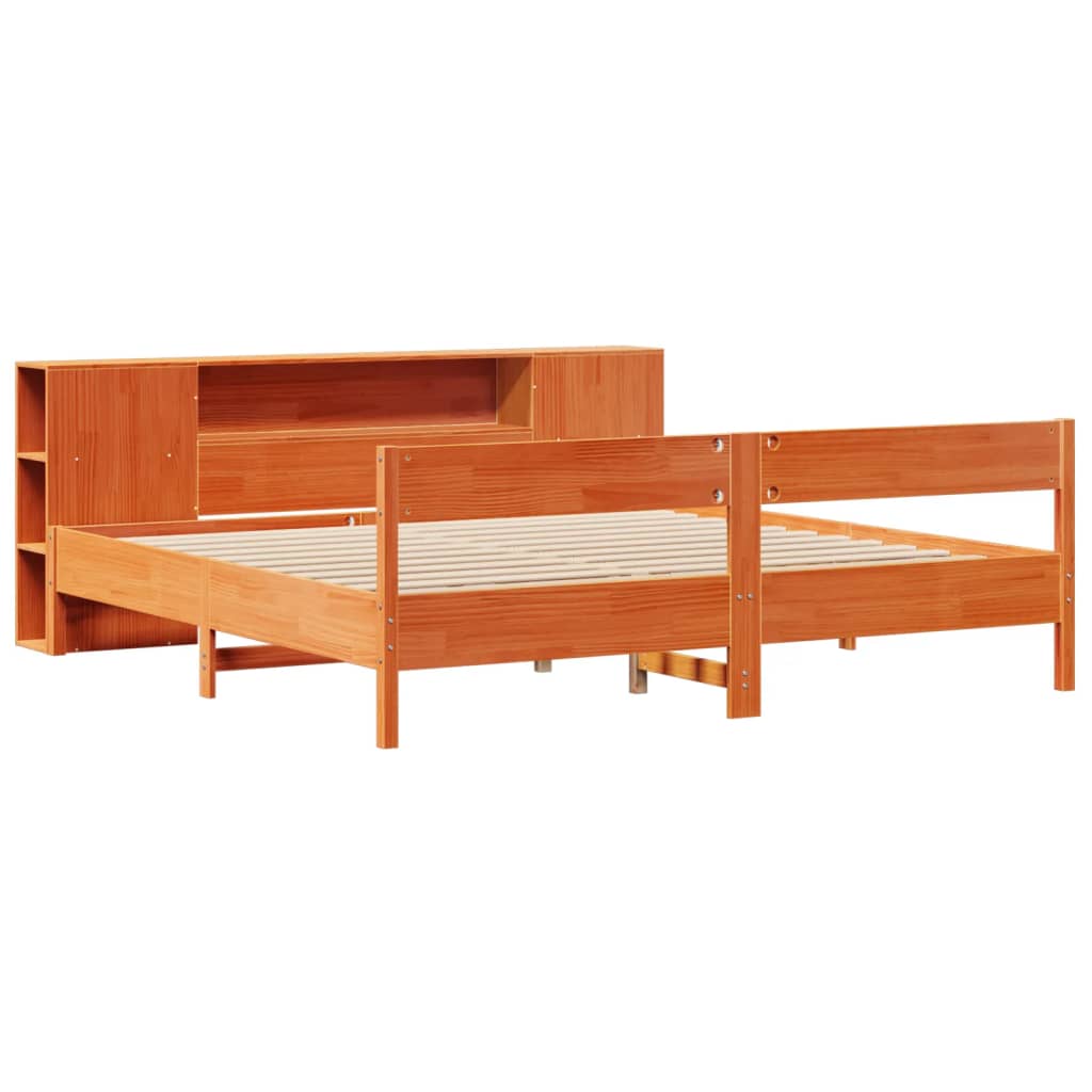 Lit en bois massif avec étagère sans matelas, couleur marron ciré, 200x200 cm