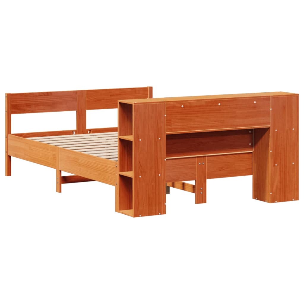 Lit en bois massif avec étagère sans matelas, marron ciré, 160x200 cm