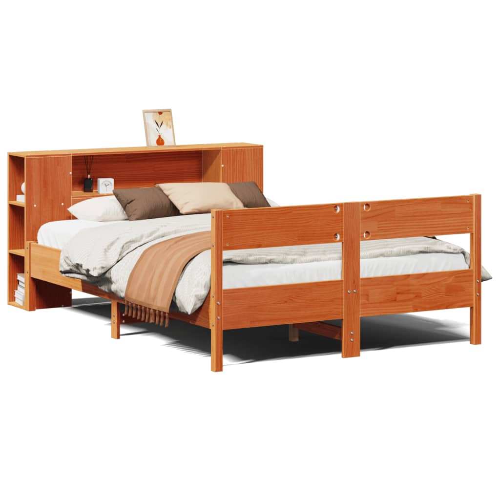 Solid wood bed with shelf without mattress, wax brown, 150x200 cm