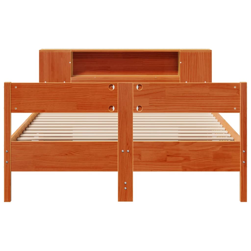 Solid wood bed with shelf without mattress, wax brown, 150x200 cm