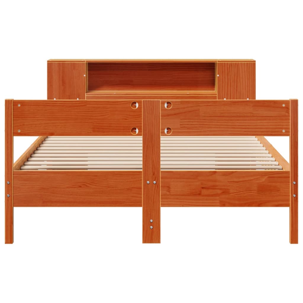 Solid wood bed with shelf without mattress, wax brown, 140x200 cm