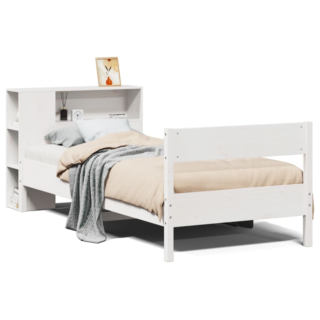Lit en bois massif avec étagère sans matelas pin blanc 100x200 cm