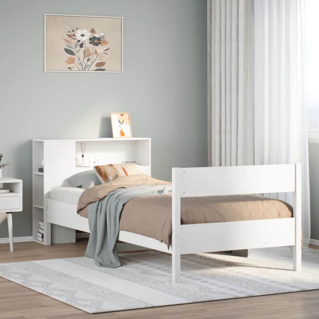 Lit en bois massif avec étagère sans matelas pin blanc 100x200 cm