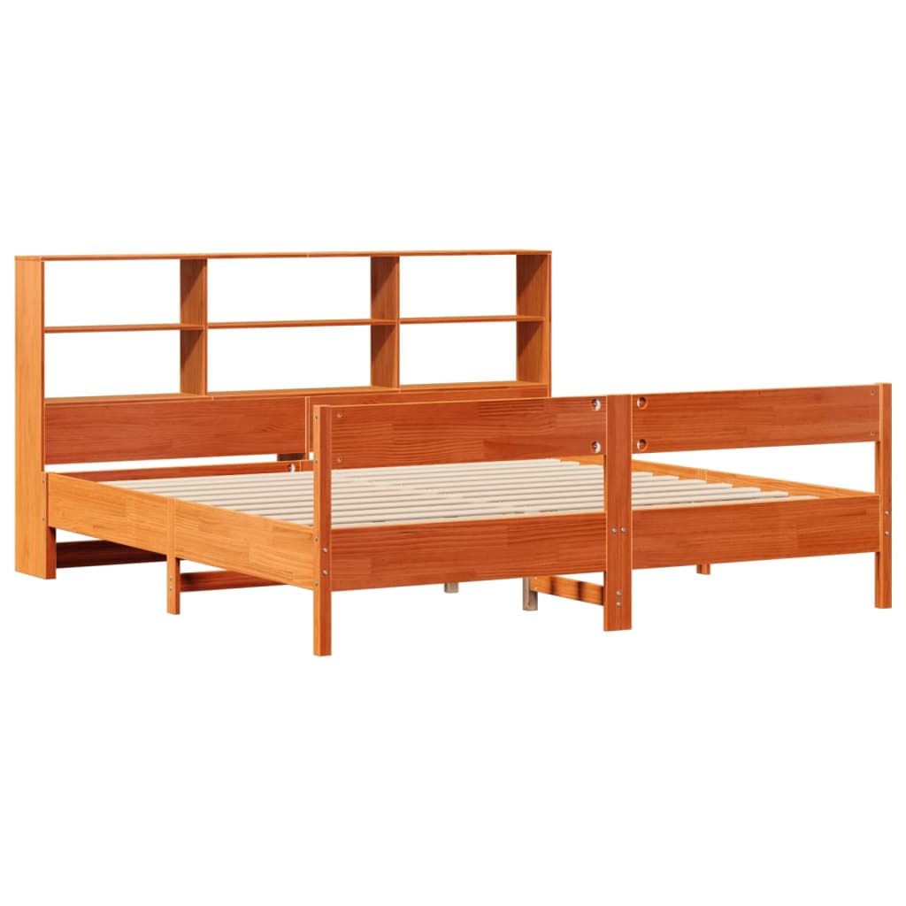 Lit en bois massif avec étagère sans matelas, couleur marron ciré, 200x200 cm