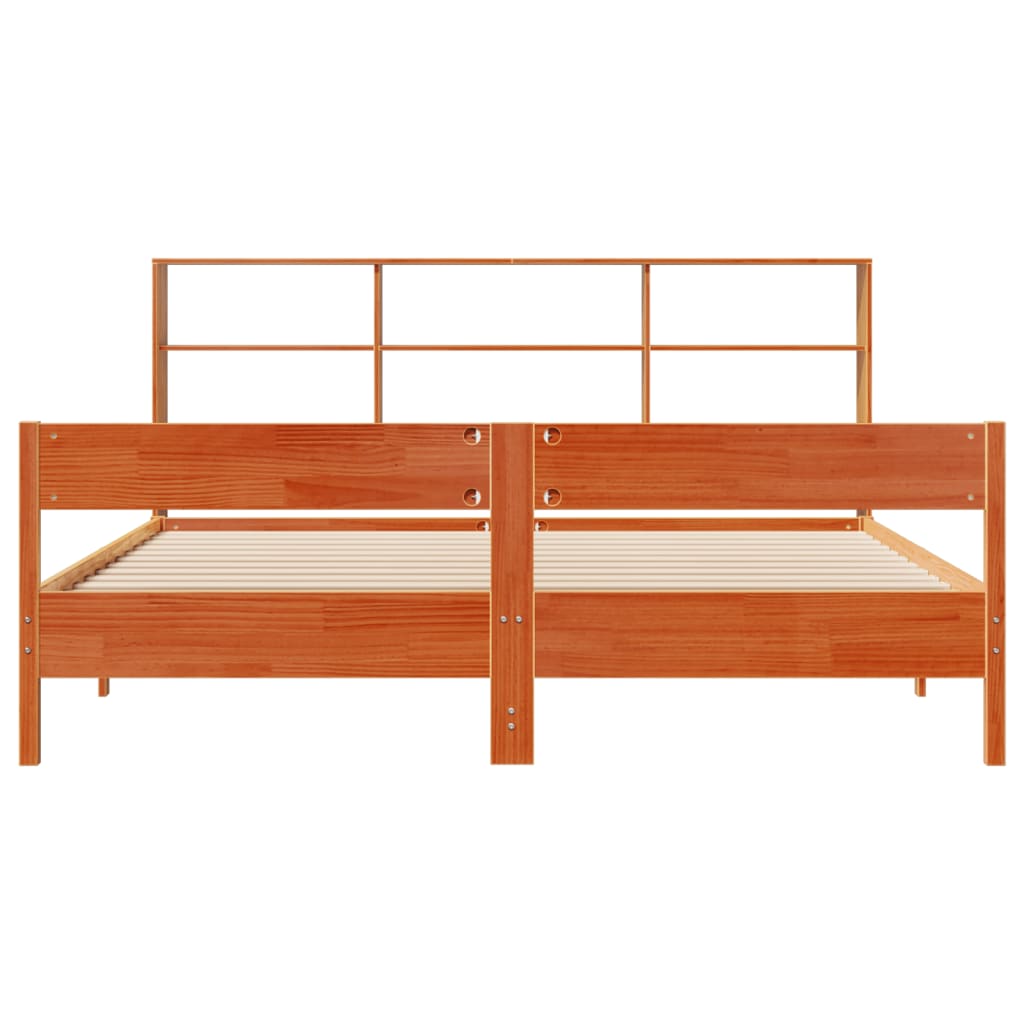 Lit en bois massif avec étagère sans matelas, couleur marron ciré, 200x200 cm