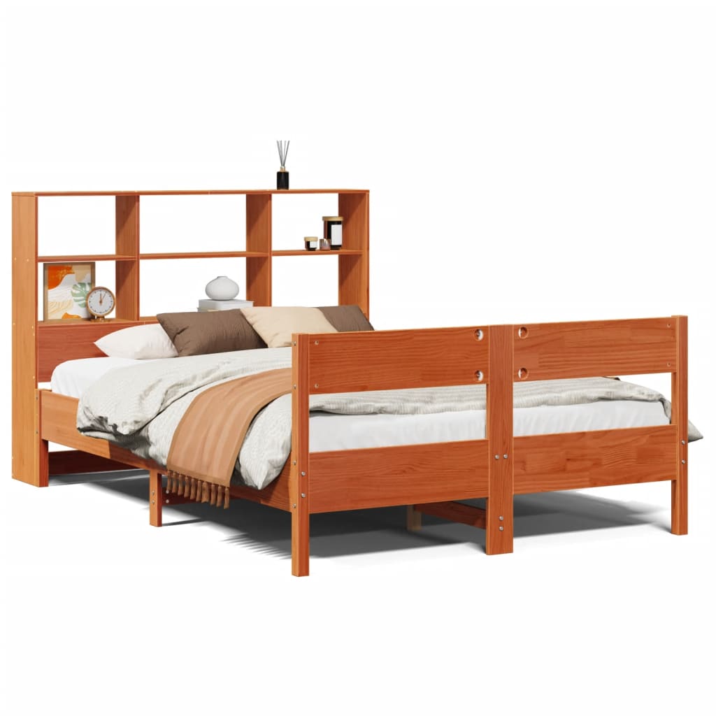 Solid wood bed with shelf without mattress, wax brown, 140x200 cm