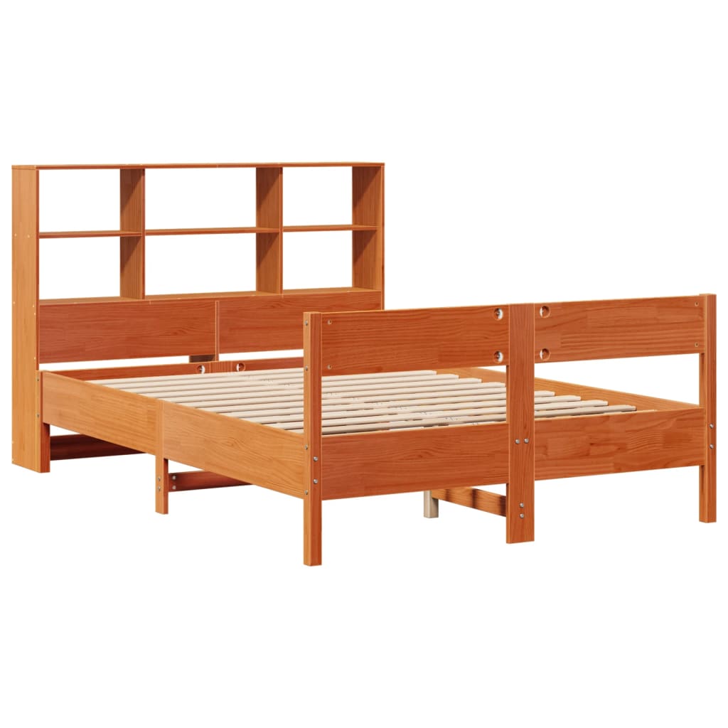 Solid wood bed with shelf without mattress, wax brown, 140x200 cm