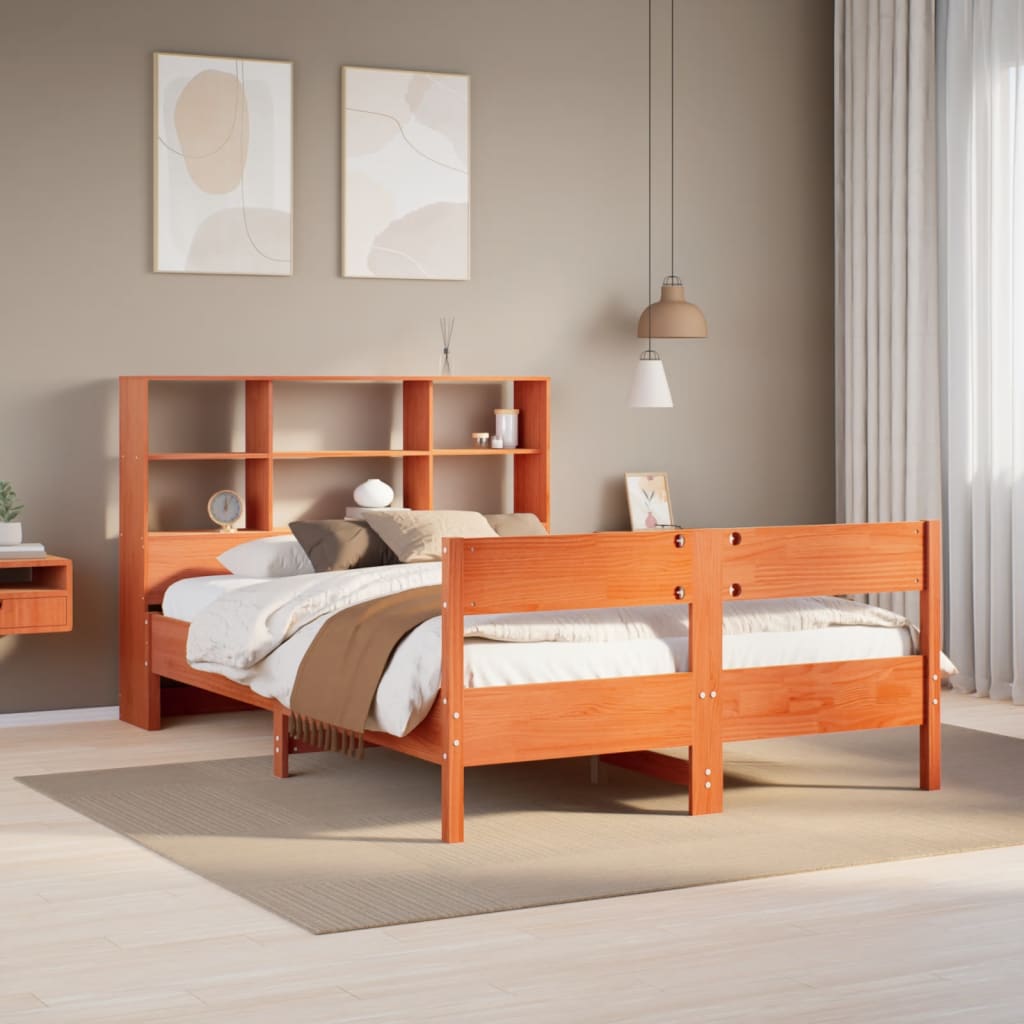 Solid wood bed with shelf without mattress, wax brown, 140x200 cm