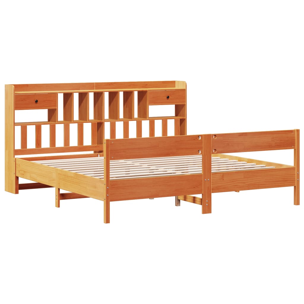Lit en bois massif avec étagère sans matelas, couleur marron ciré, 200x200 cm