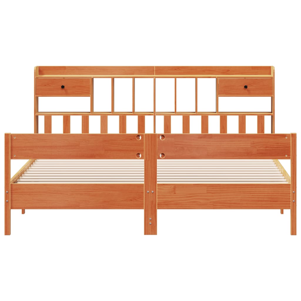 Lit en bois massif avec étagère sans matelas, couleur marron ciré, 200x200 cm
