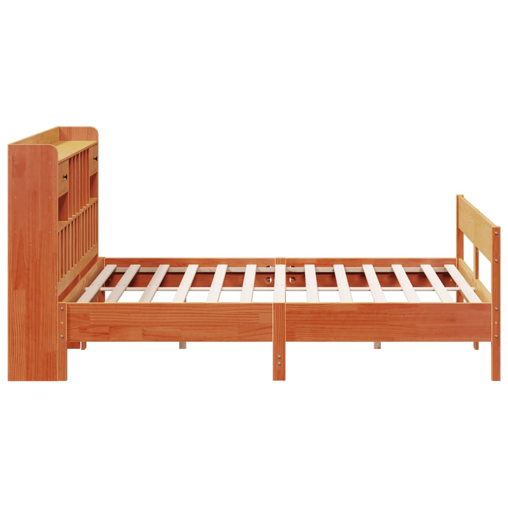 Lit en bois massif avec étagère sans matelas, couleur marron ciré, 200x200 cm