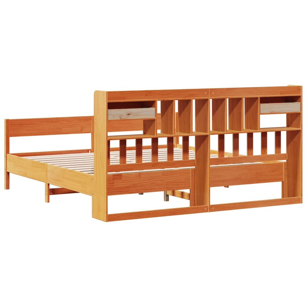 Lit en bois massif avec étagère sans matelas, couleur marron ciré, 200x200 cm