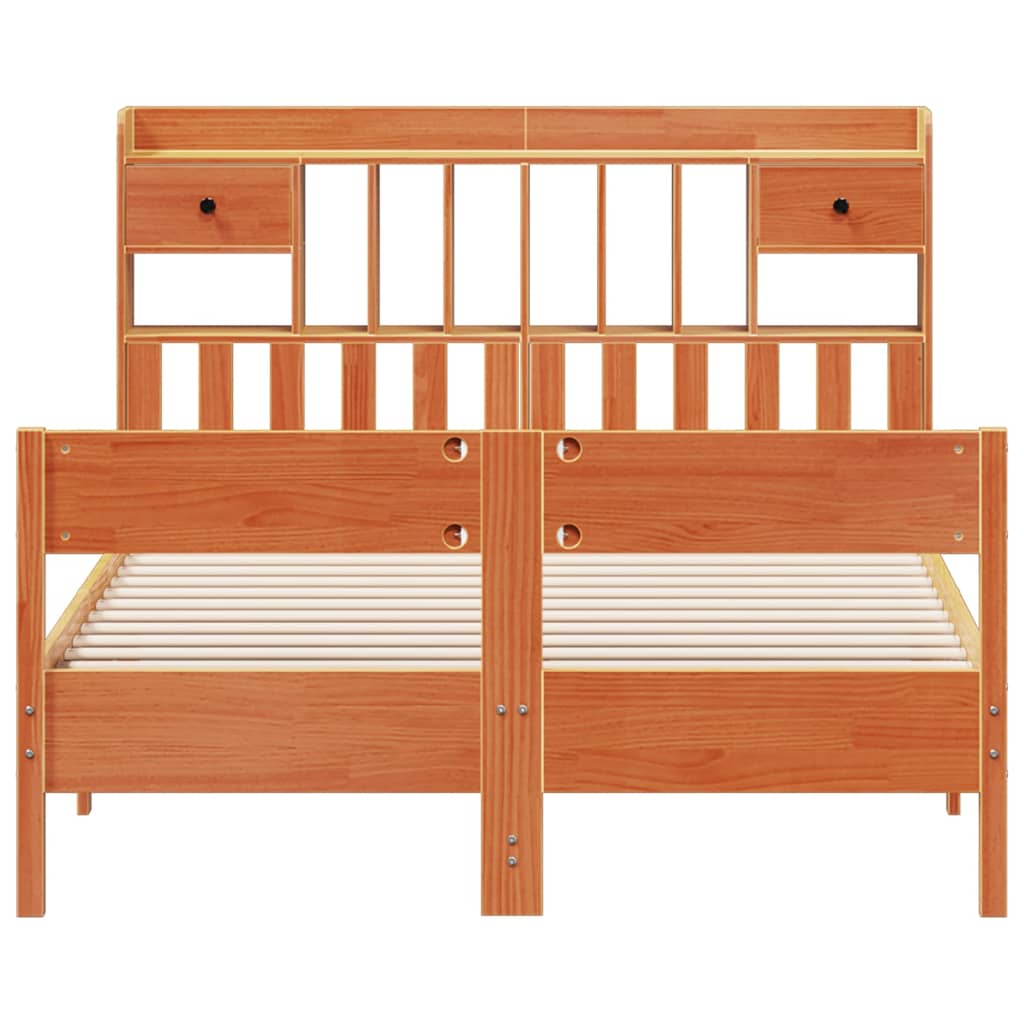 Solid wood bed with shelf without mattress, wax brown, 140x200 cm