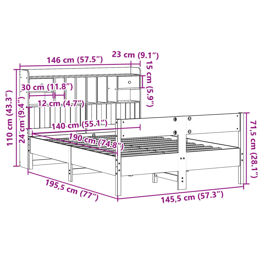 Lit en bois massif avec étagère sans matelas blanc 140x190 cm pin