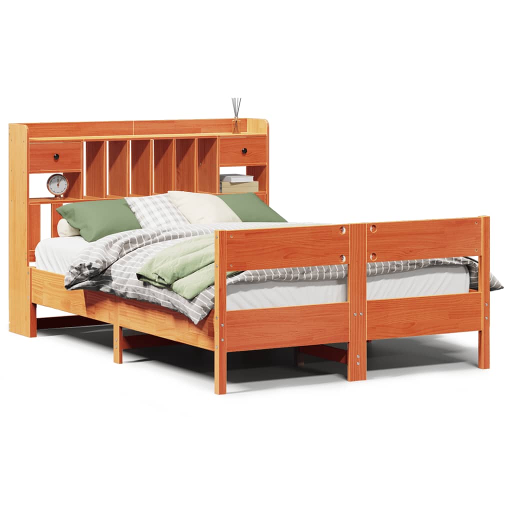 Solid wood bed with shelf without mattress, wax brown, 140x190 cm