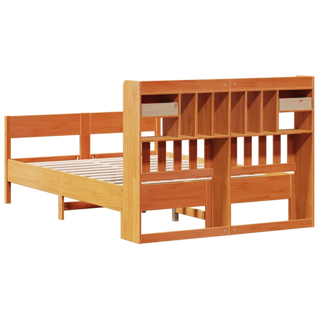 Solid wood bed with shelf without mattress, wax brown, 140x190 cm