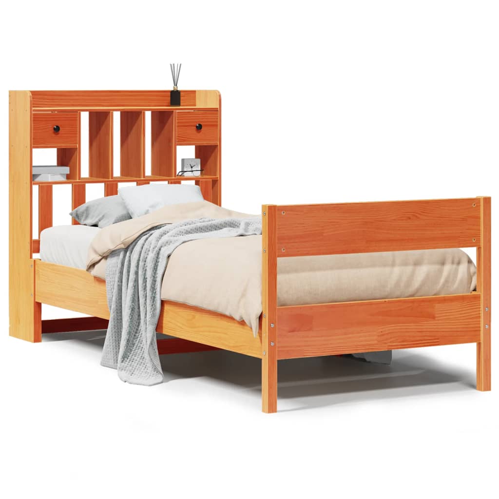 Lit en bois massif avec étagère sans matelas ciré marron 75x190 cm