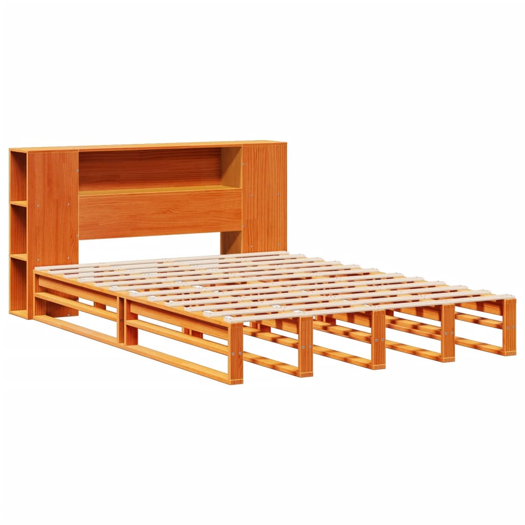 Solid wood bed with shelf without mattress, wax brown, 140x200 cm