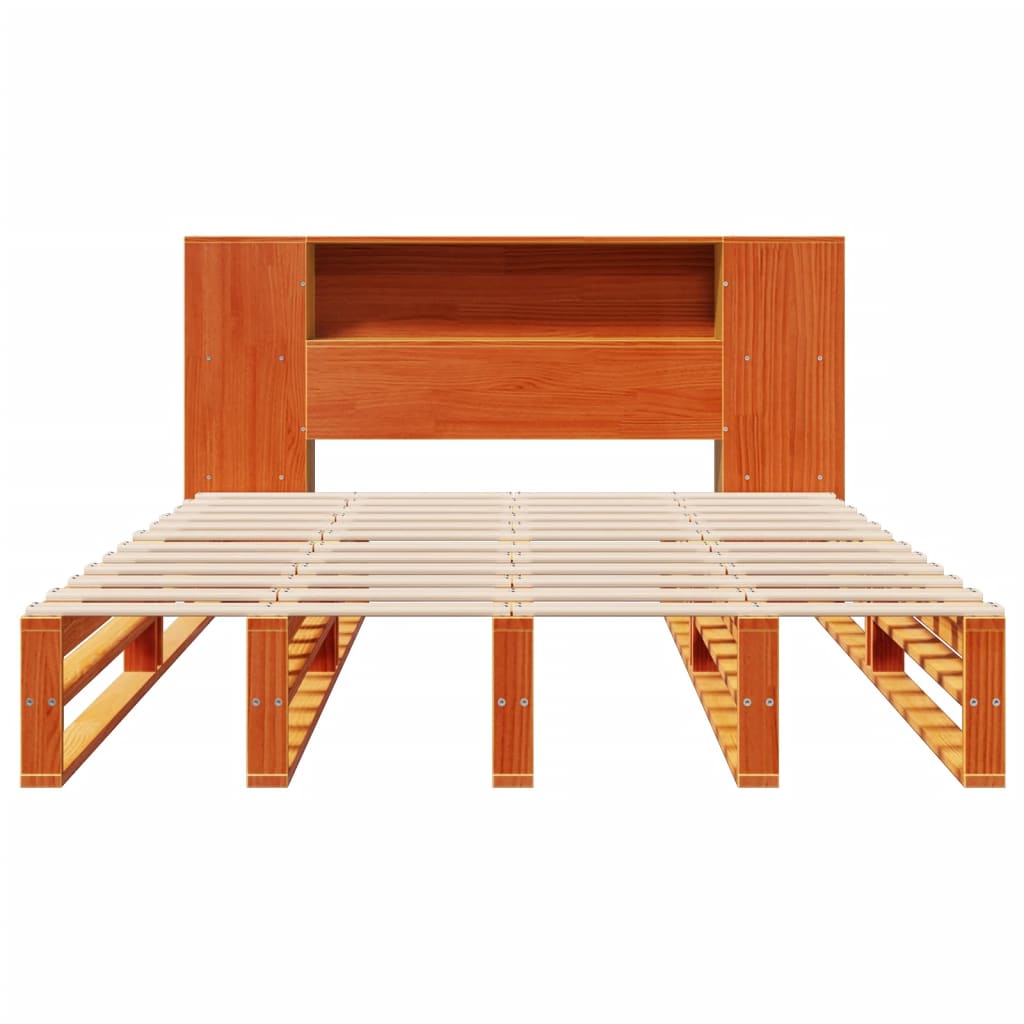 Solid wood bed with shelf without mattress, wax brown, 140x200 cm
