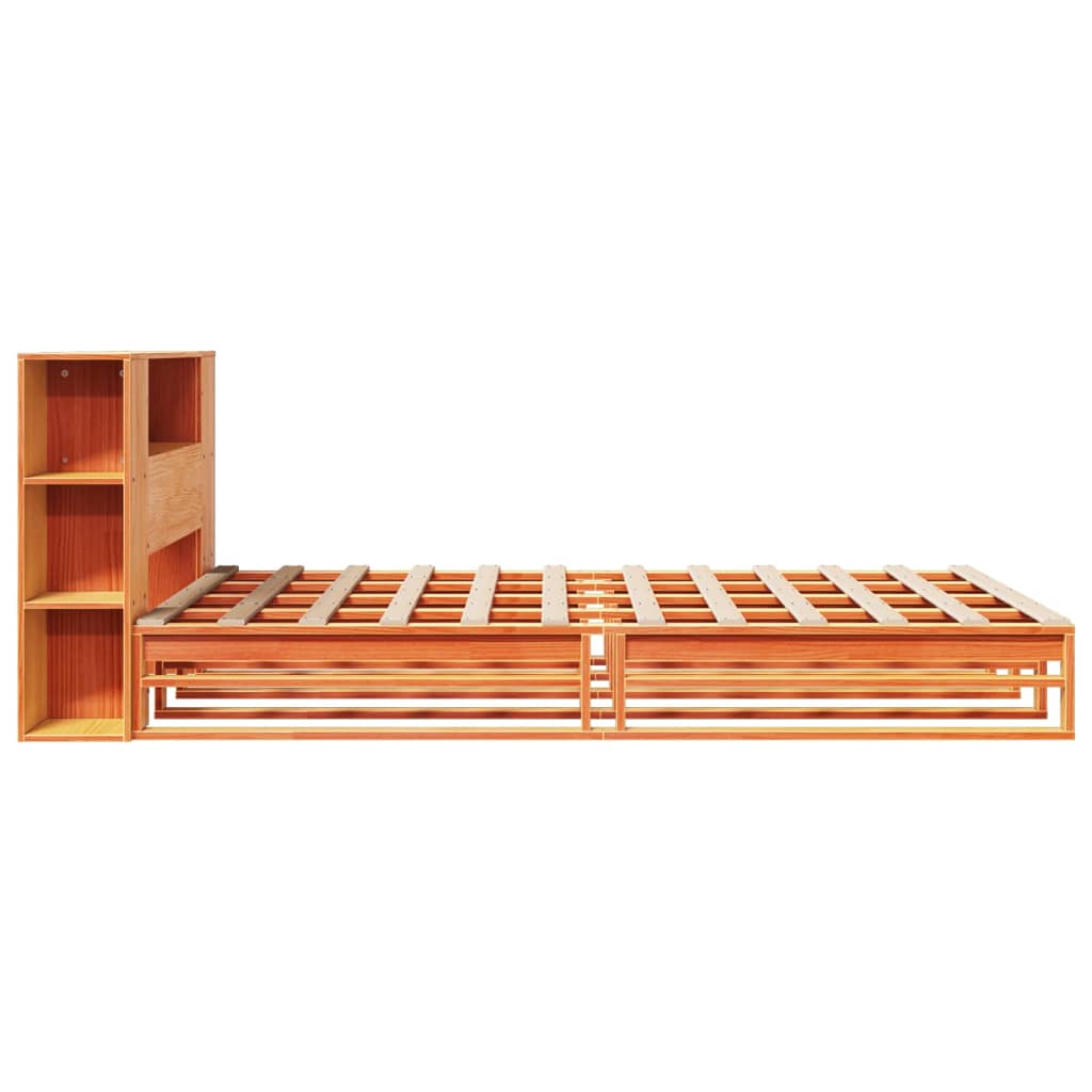Solid wood bed with shelf without mattress, wax brown, 140x200 cm