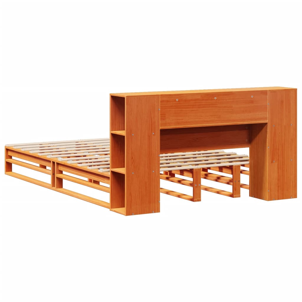 Solid wood bed with shelf without mattress, wax brown, 140x200 cm