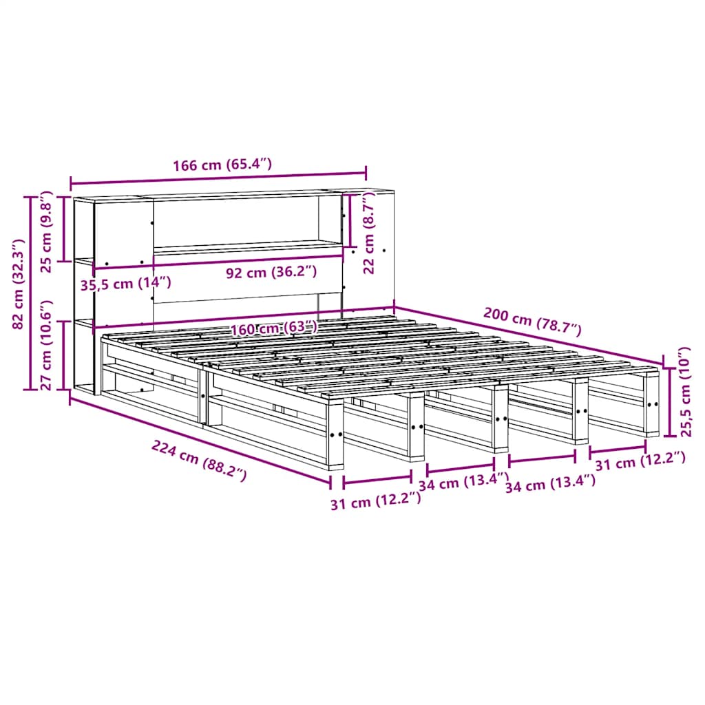 Massivholzbett mit Regal ohne Matratze Weiß 160x200 cm