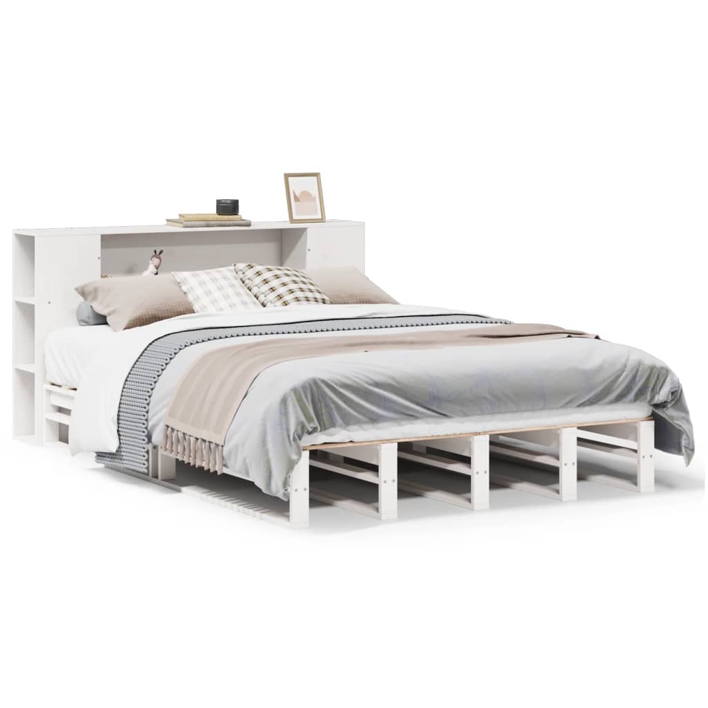 Lit en bois massif avec étagère sans matelas blanc 140x190 cm