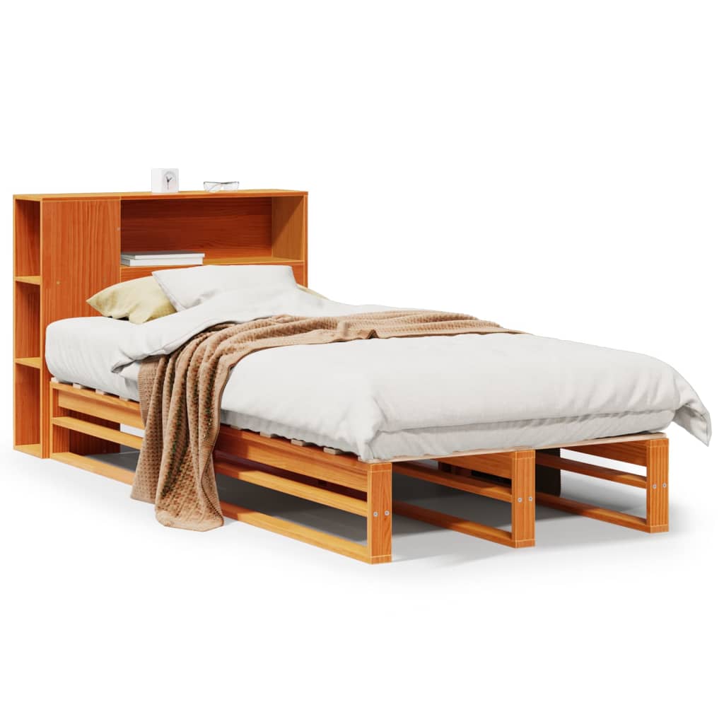 Lit en bois massif avec étagère sans matelas ciré marron 100x200 cm