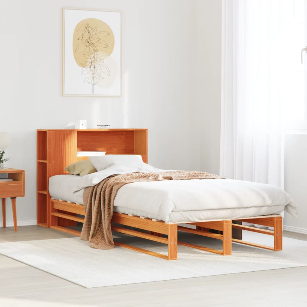 Lit en bois massif avec étagère sans matelas ciré marron 100x200 cm