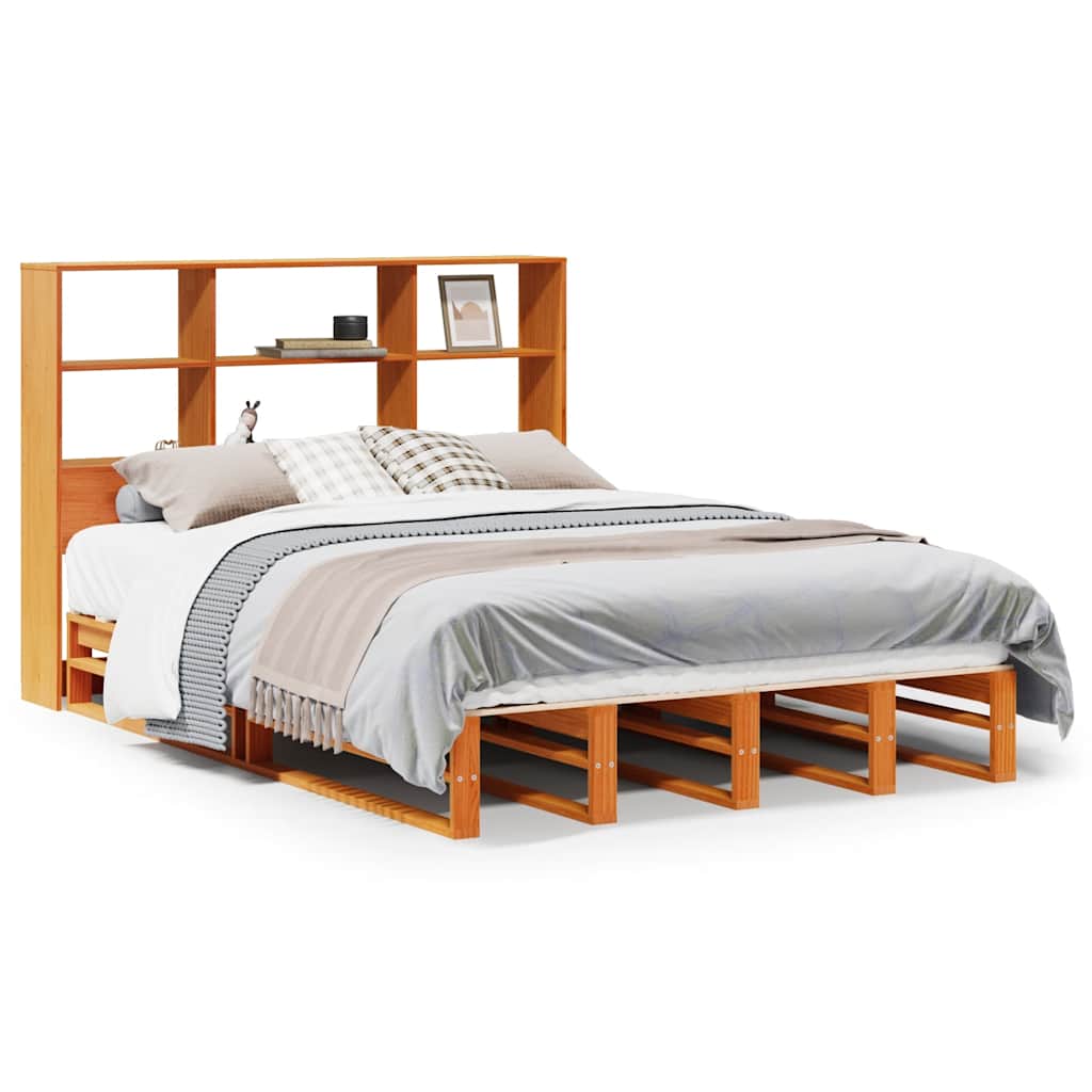 Lit en bois massif avec étagère sans matelas, marron ciré, 140x200 cm
