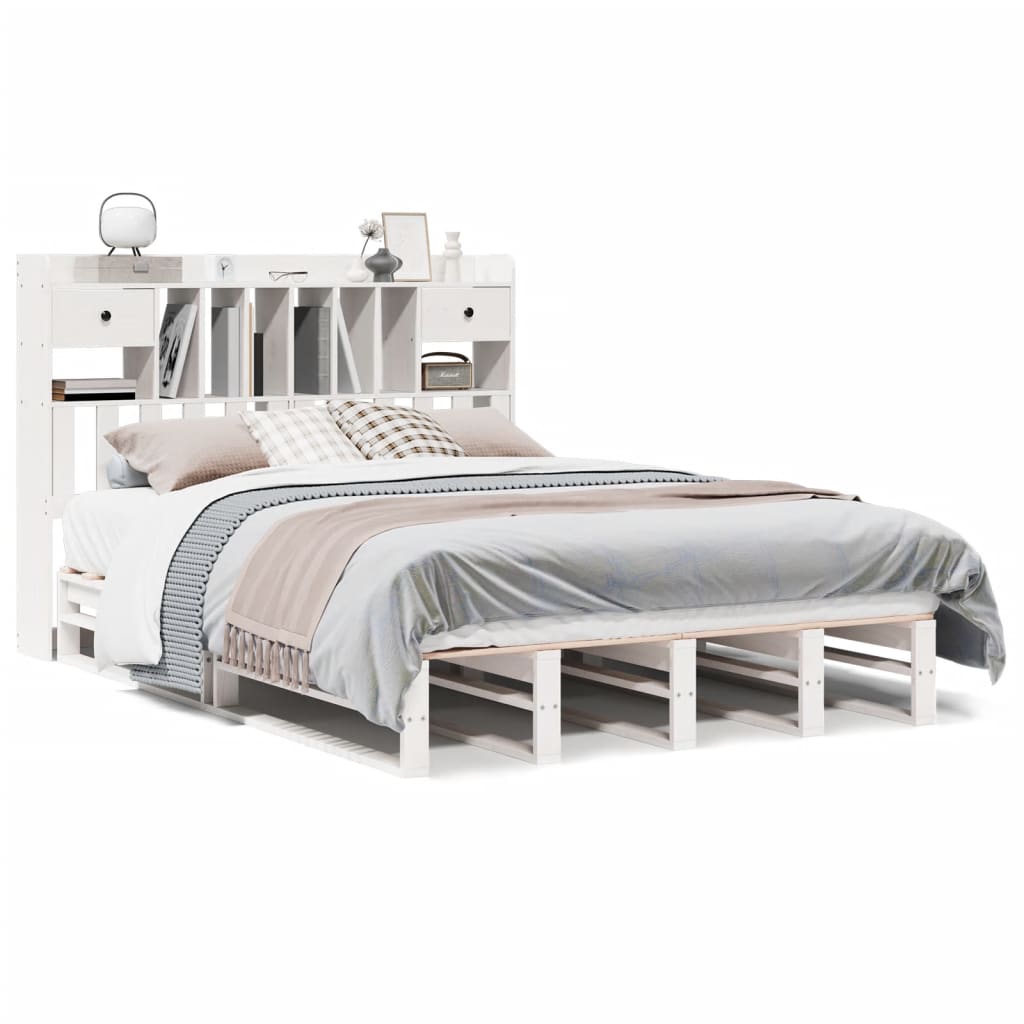 Lit en bois massif avec étagère sans matelas blanc 150x200 cm pin