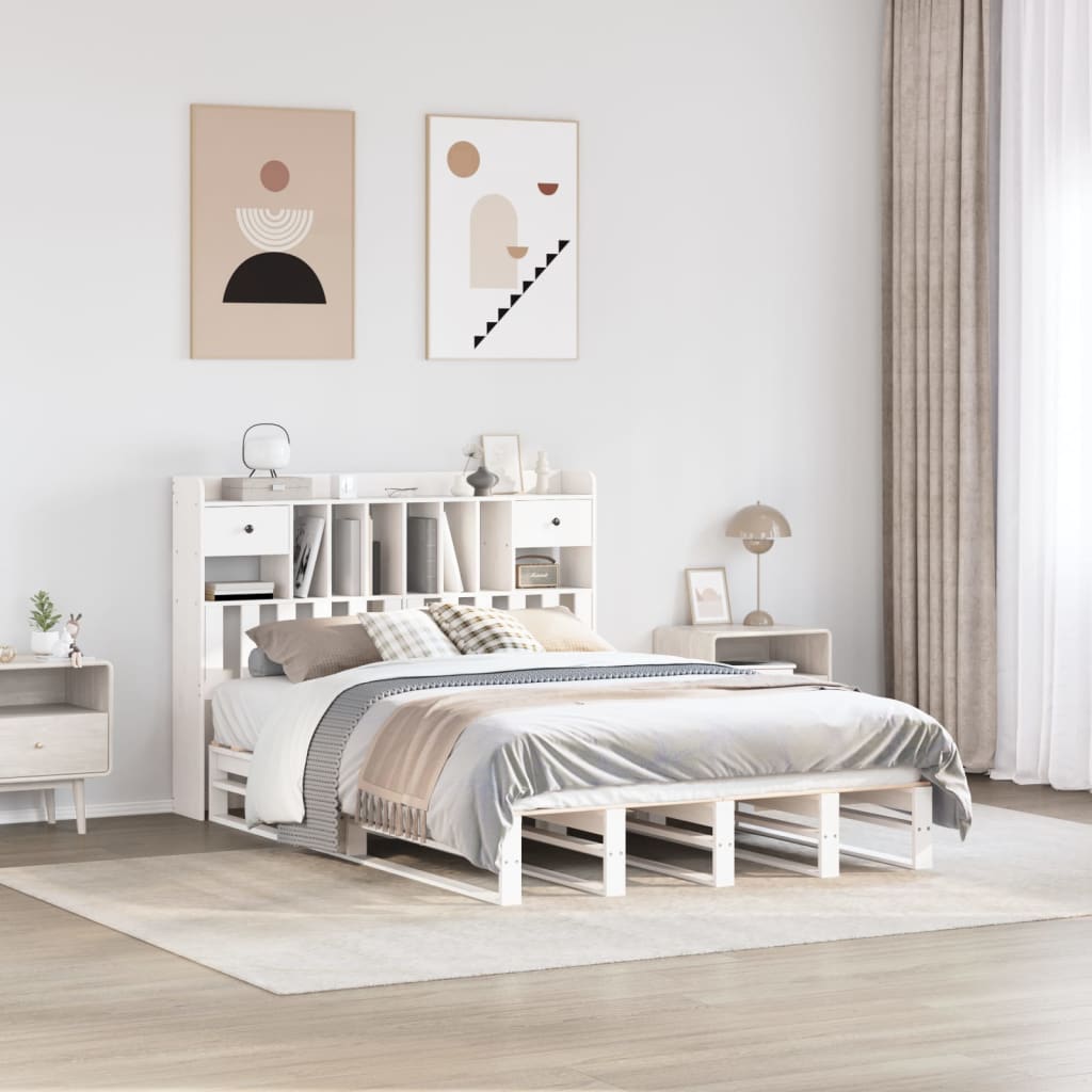 Lit en bois massif avec étagère sans matelas blanc 150x200 cm pin