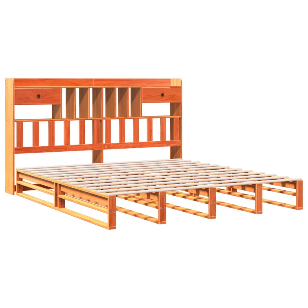Lit en bois massif avec étagère sans matelas, couleur marron ciré, 200x200 cm