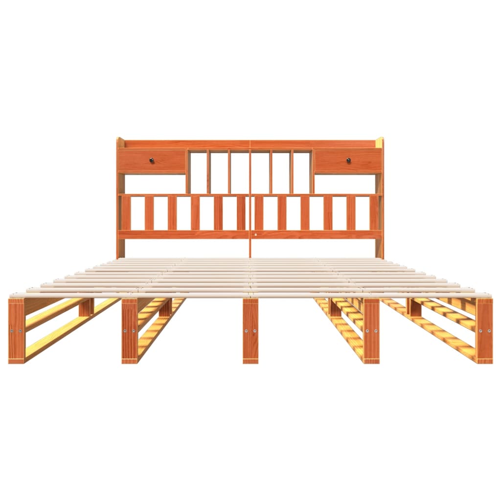 Lit en bois massif avec étagère sans matelas, couleur marron ciré, 200x200 cm