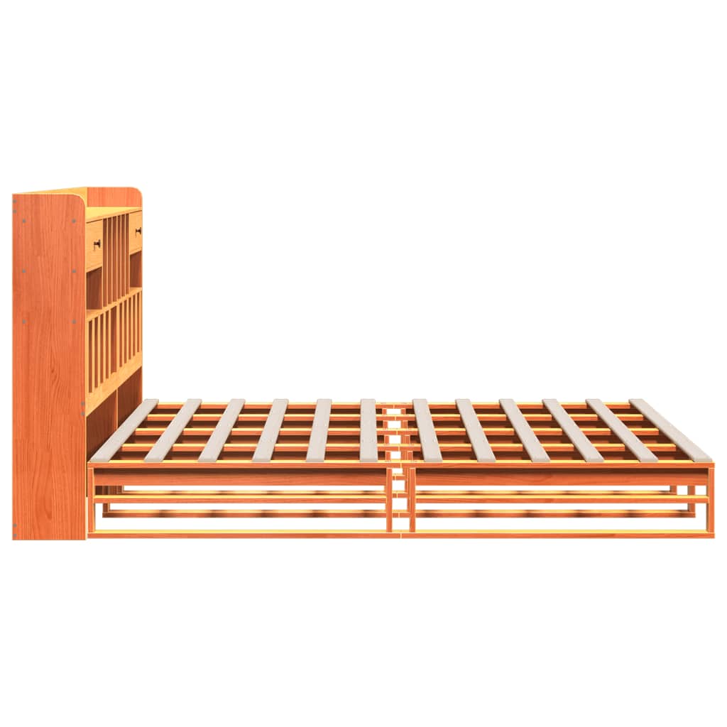 Lit en bois massif avec étagère sans matelas, couleur marron ciré, 200x200 cm