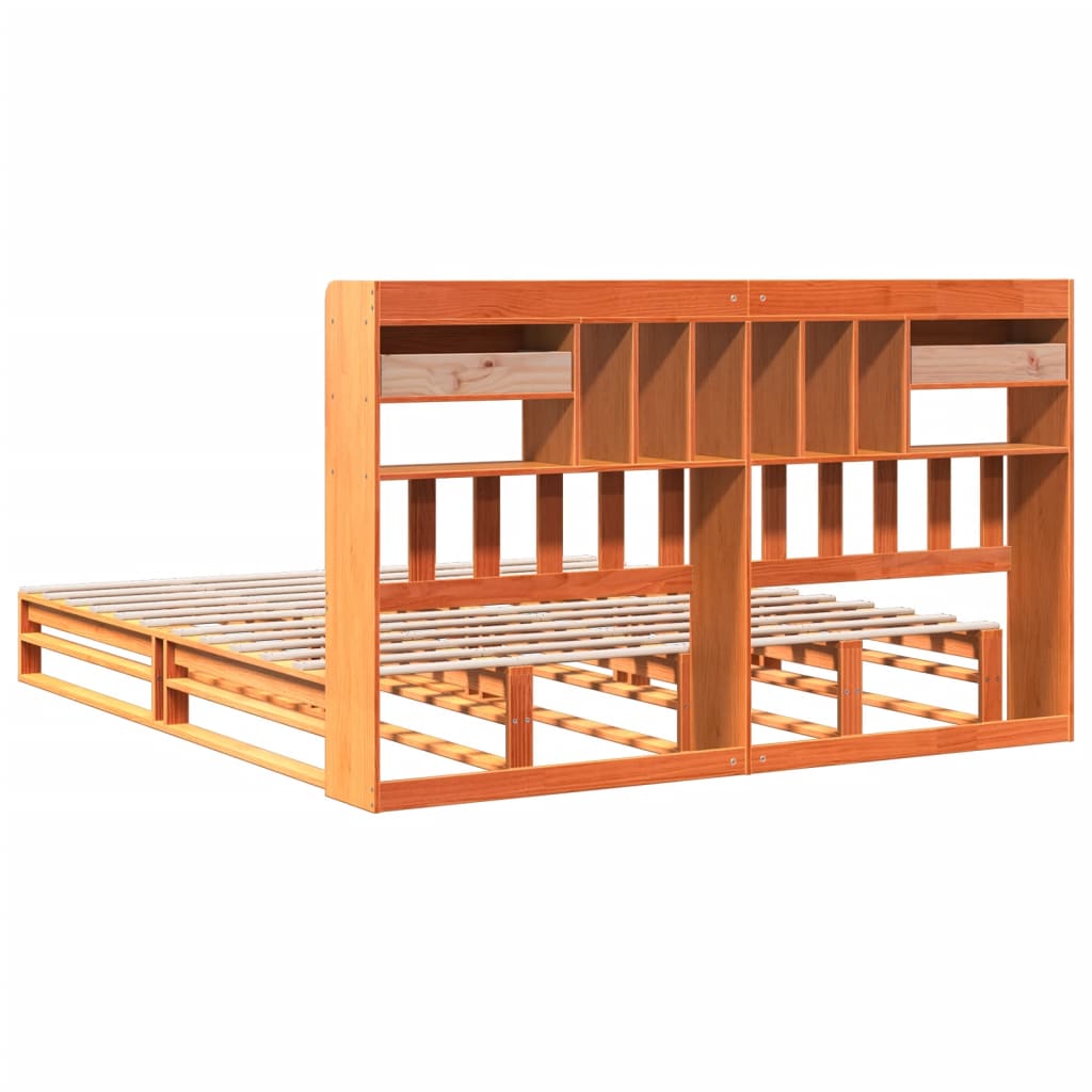 Lit en bois massif avec étagère sans matelas, couleur marron ciré, 200x200 cm