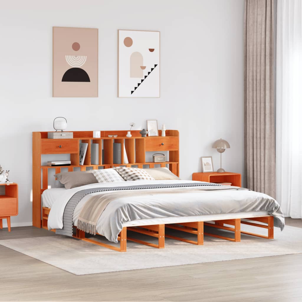 Lit en bois massif avec étagère sans matelas, couleur marron ciré, 200x200 cm