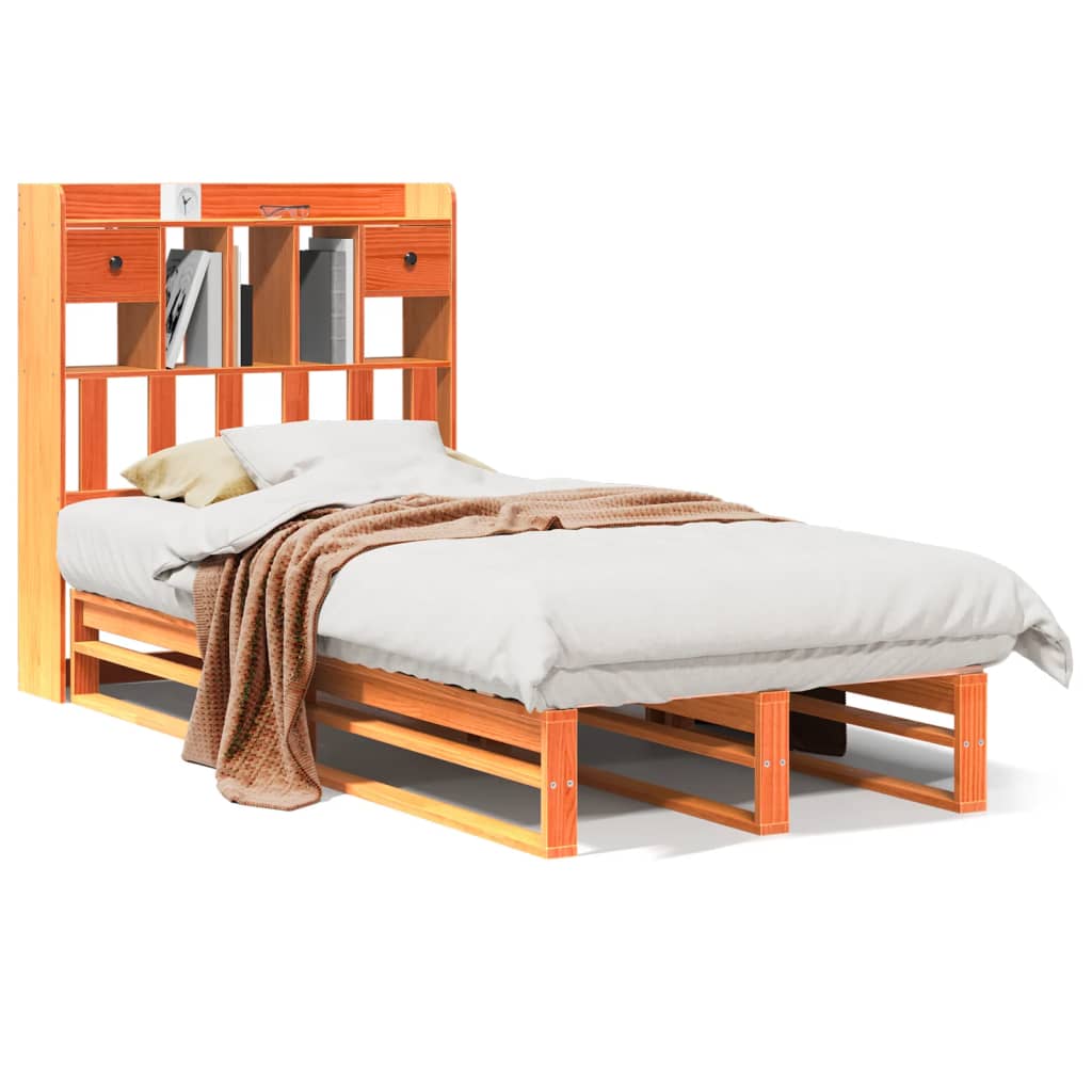 Lit en bois massif avec étagère sans matelas ciré marron 75x190 cm
