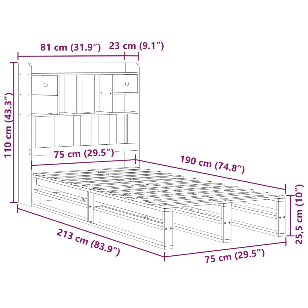 Lit en bois massif avec étagère sans matelas ciré marron 75x190 cm