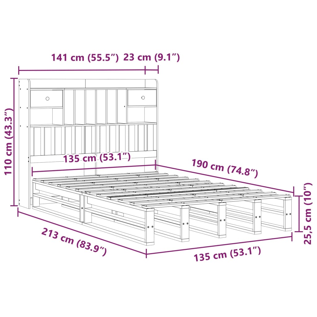 Massivholzbett mit Regal ohne Matratze 135x190 cm Kiefernholz