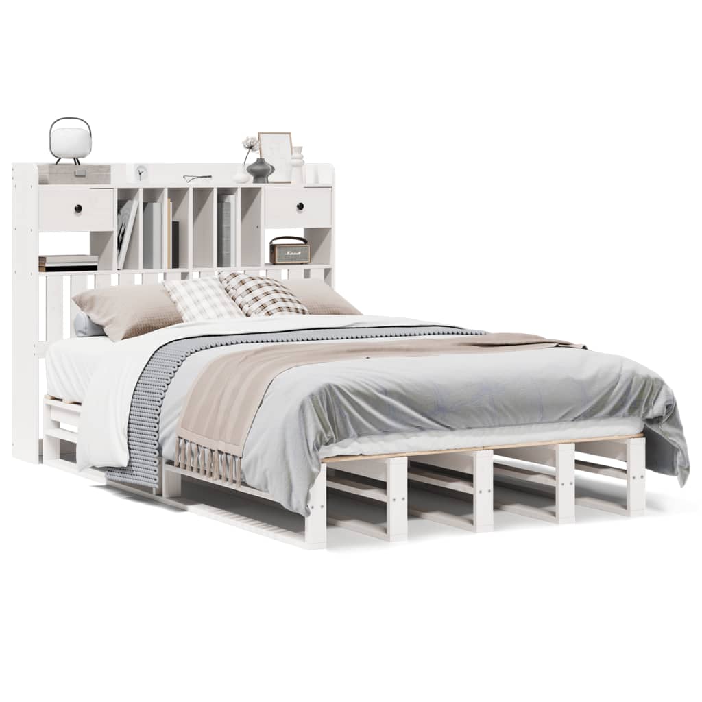 Lit en bois massif avec étagère sans matelas blanc 135x190 cm pin